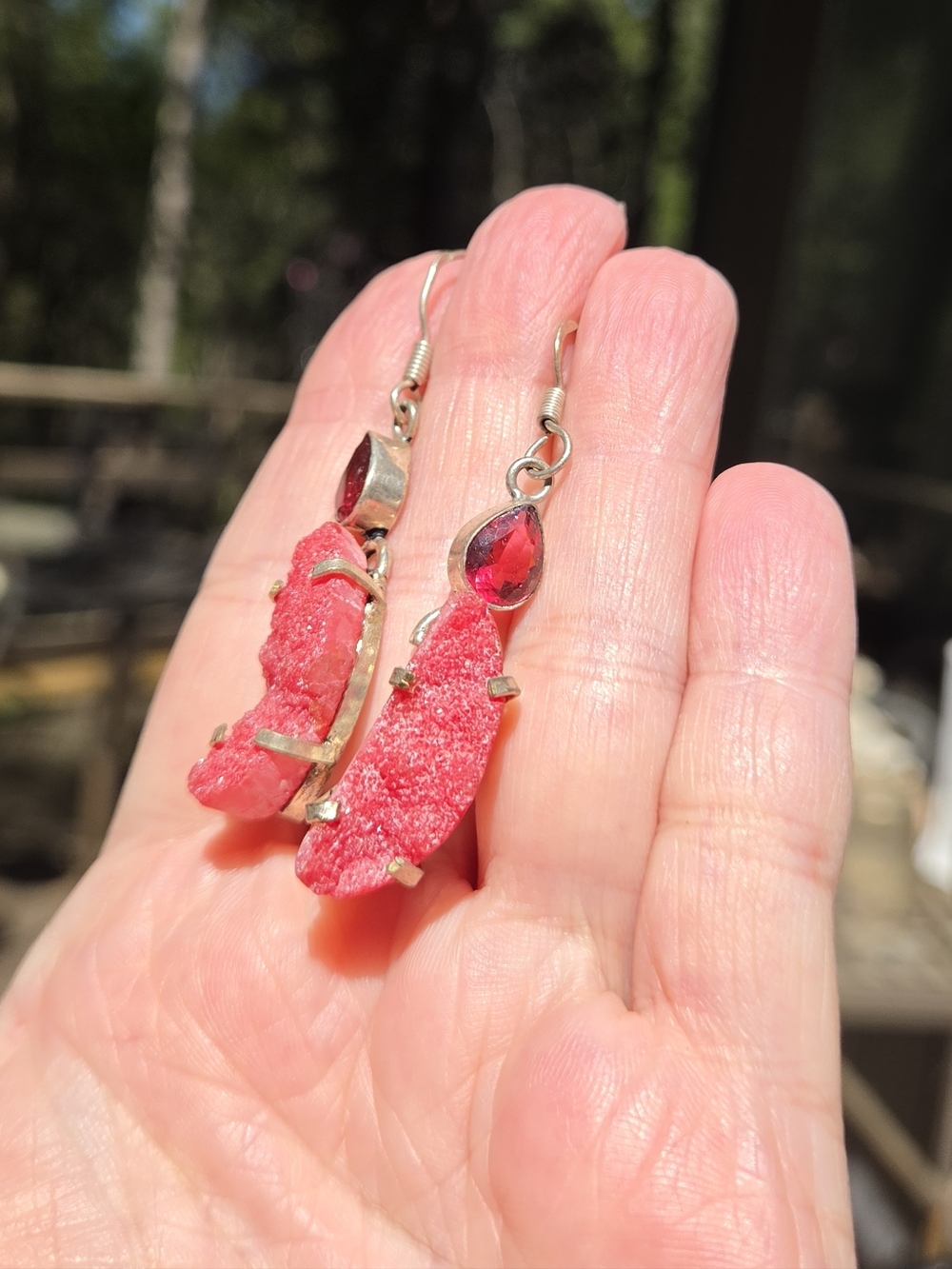 Vibrant Pink Druzy Drop Sterling Earrings with Faceted Garnet Accent - Picture 4 of 8